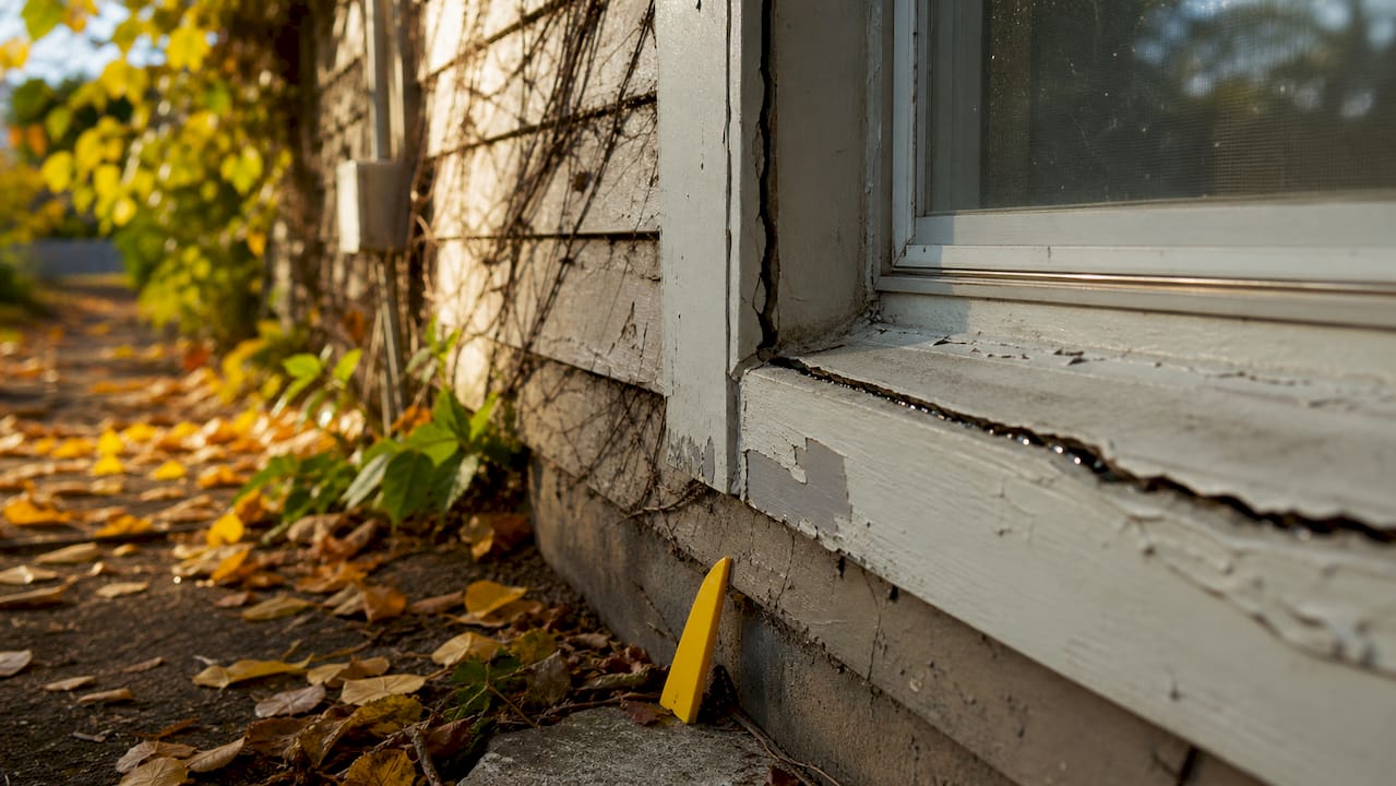 Close-up of cracked caulking with moisture seepage on window frame