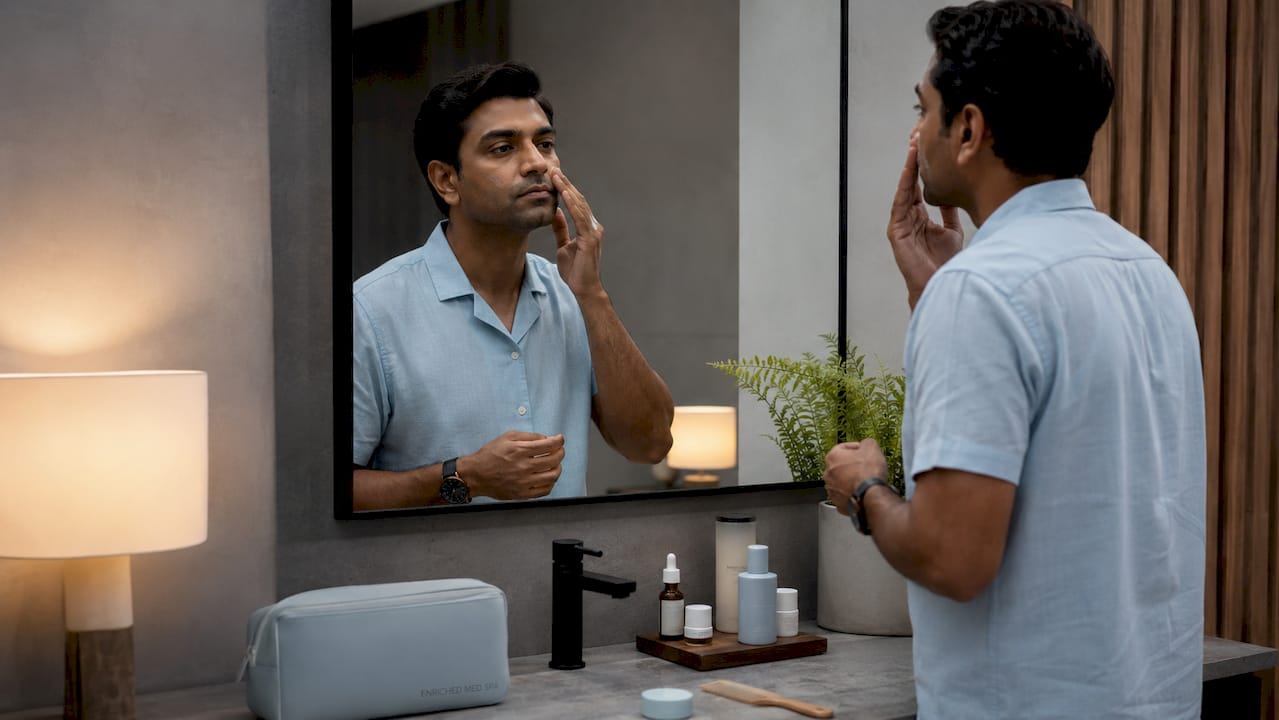 Man applying nighttime skin treatment in bathroom