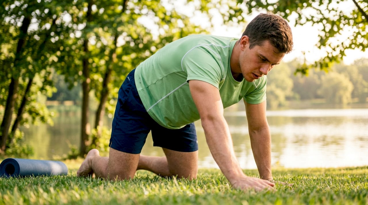 Side view man performing thread-the-needle stretch in clinic