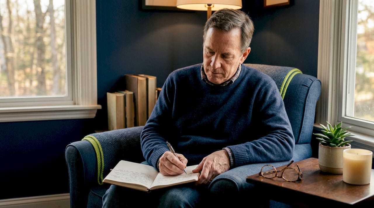 Overhead view of man’s hands with notes and coffee