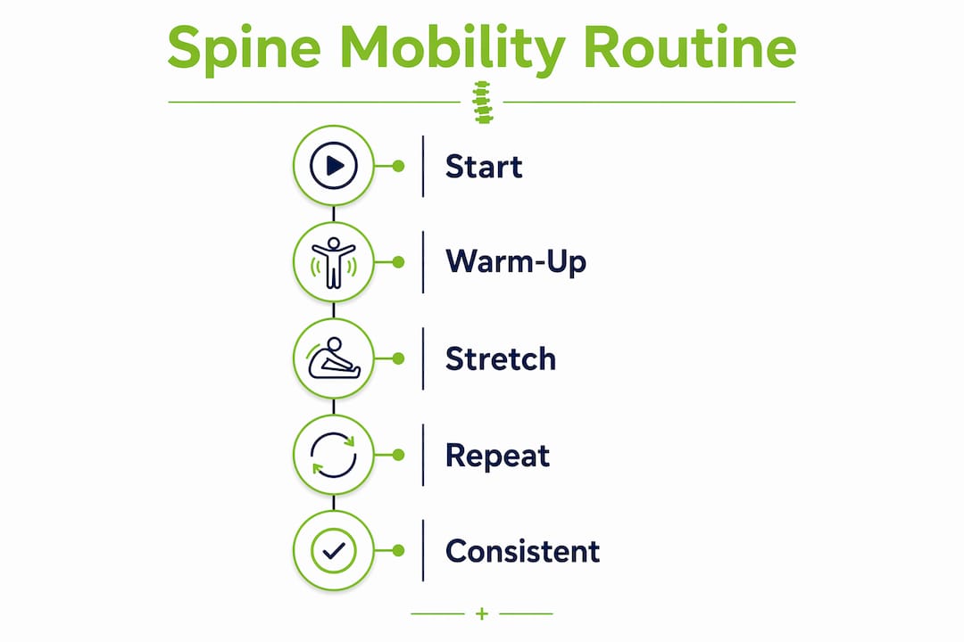 Infographic illustrating spine mobility exercise steps and frequency
