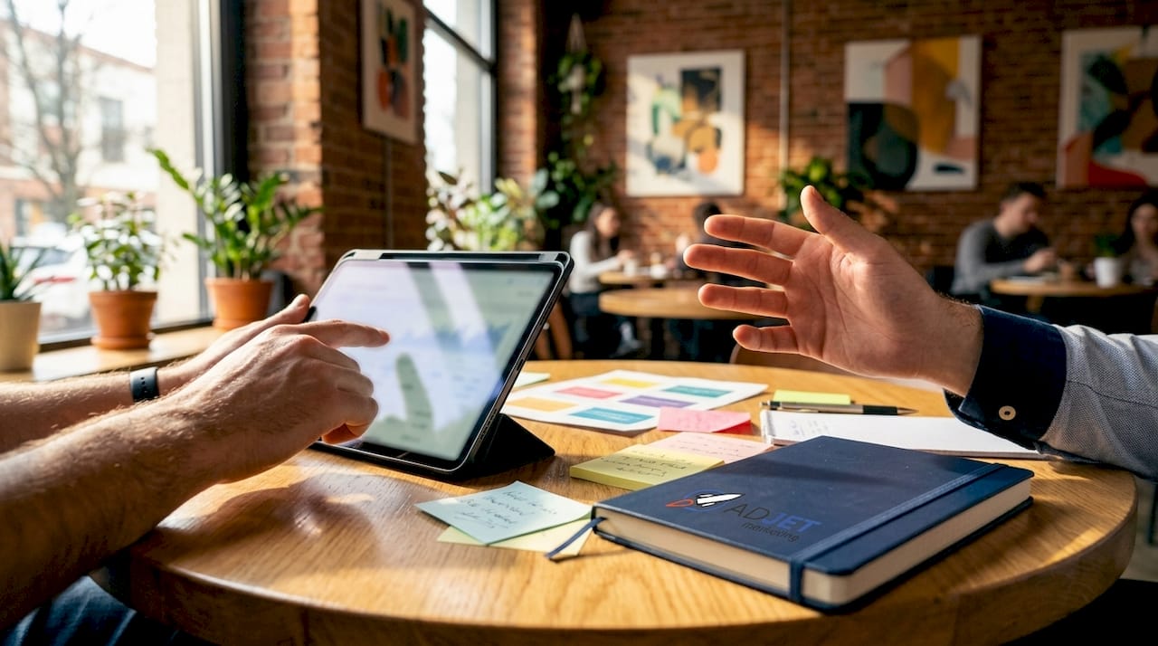 Hands interacting with digital performance report