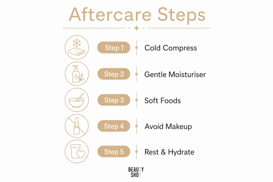 Infographic depicting step-by-step lip filler aftercare