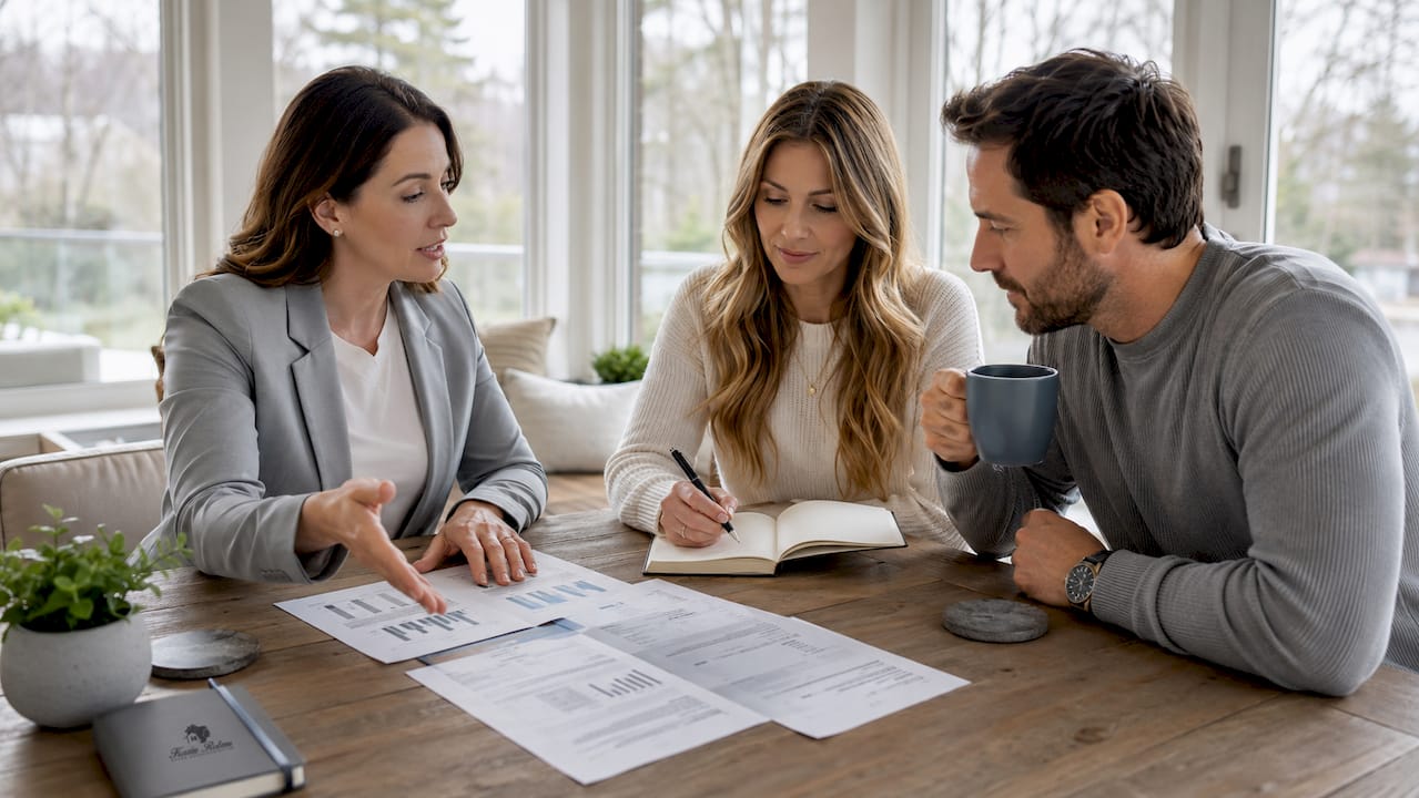 Agent explaining CMA pricing to couple at office desk
