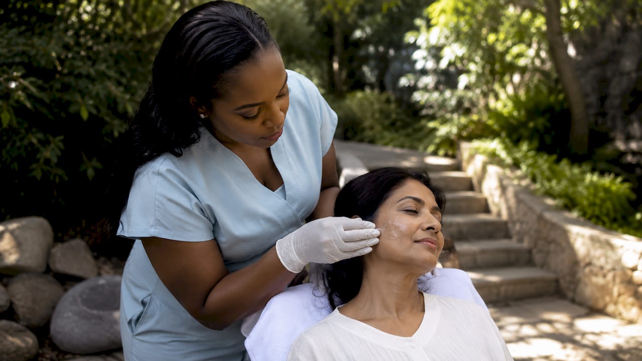 Aesthetician applying facial serum to client