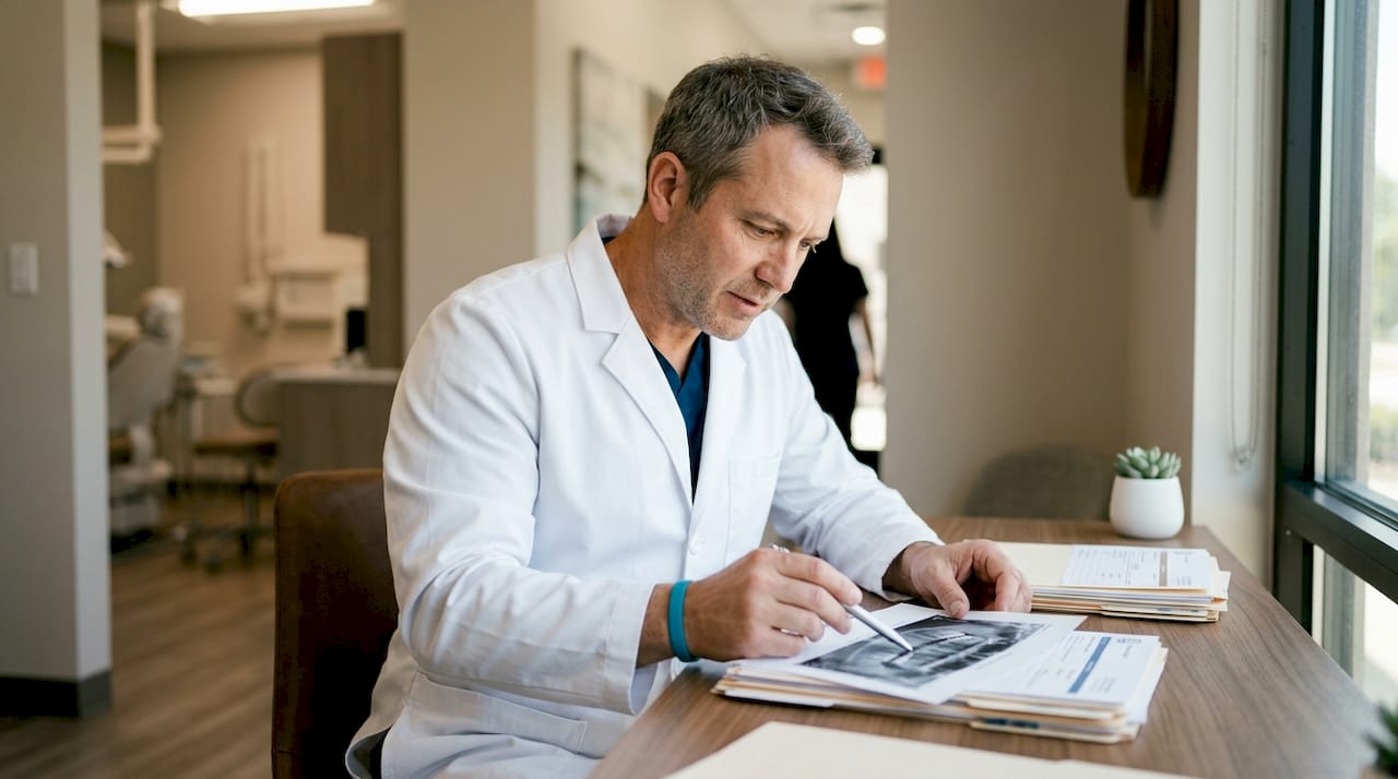 Dentist examining dental X-rays at desk