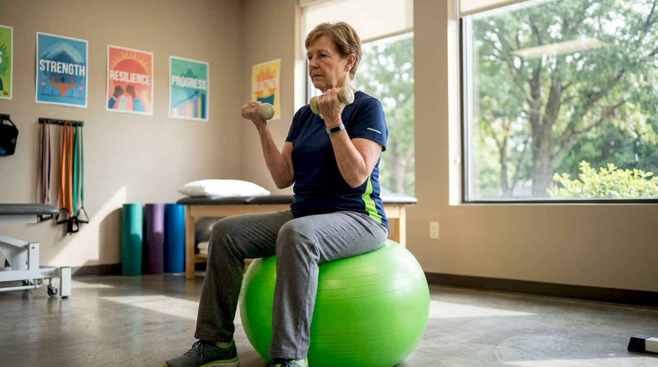 Senior woman’s hands on recumbent bike handlebars