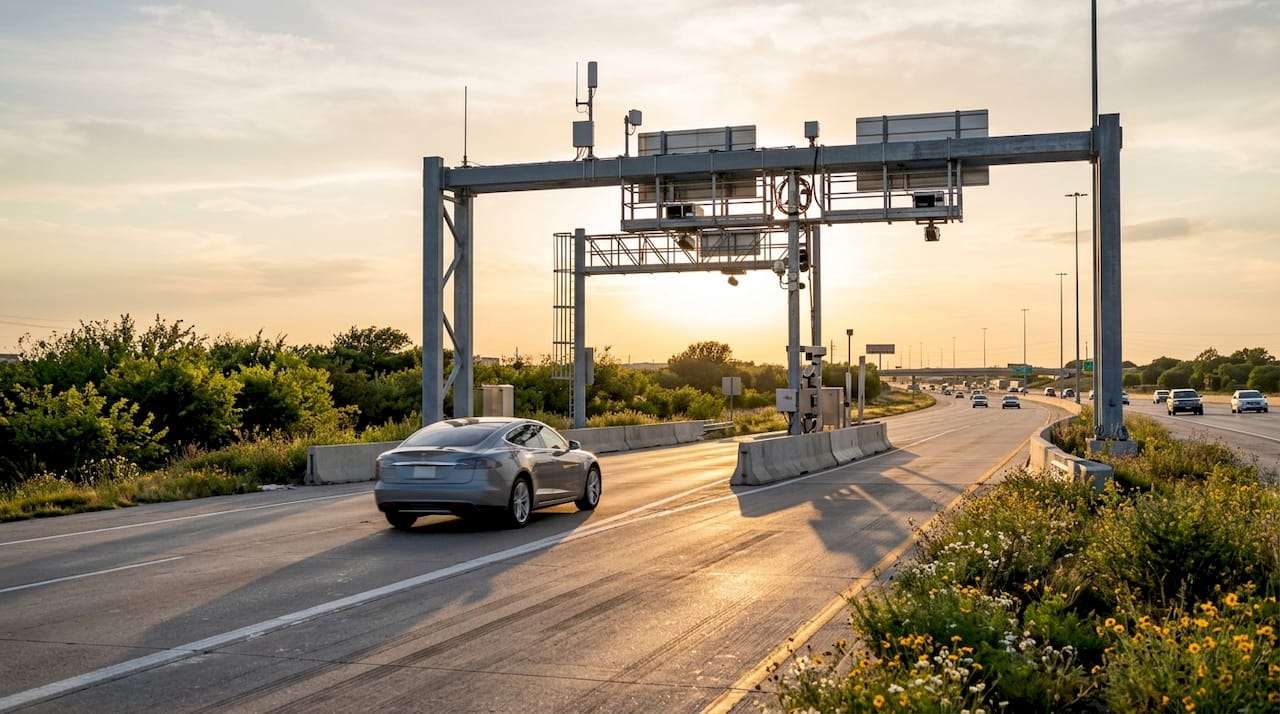 Toll lane gantry with vehicle sensors on Dallas North Tollway