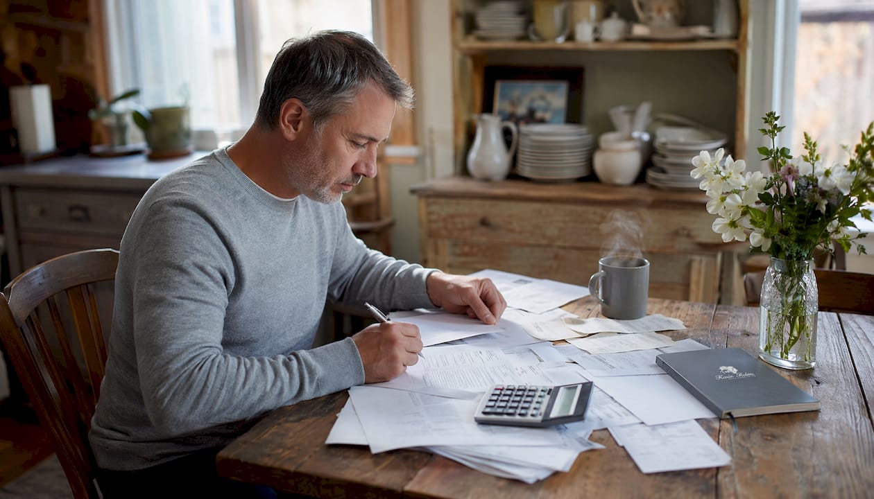 Hands reviewing financial papers and calculator