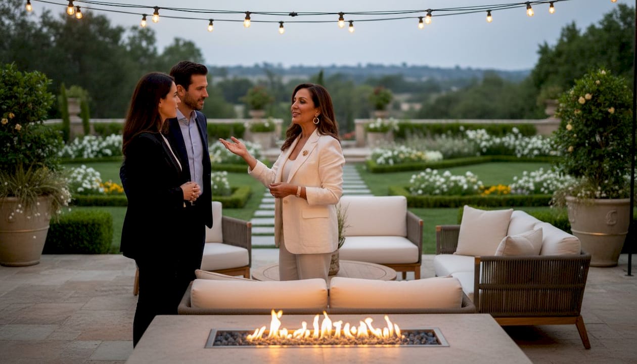 Agent showing luxury home to attentive buyers