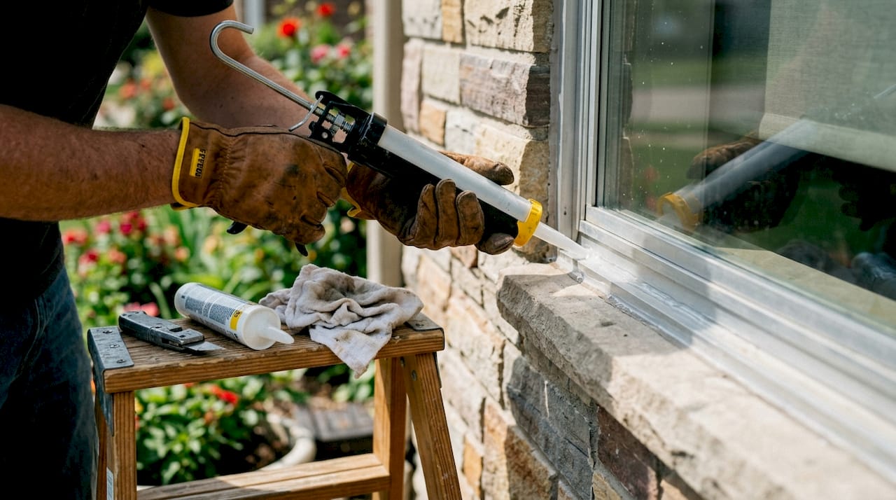 Hands applying polyurethane caulk on window exterior frame