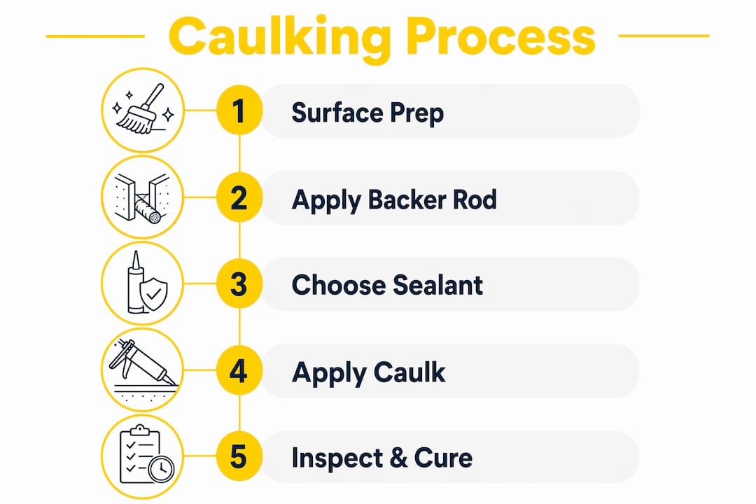 Infographic detailing caulking process steps after window installation