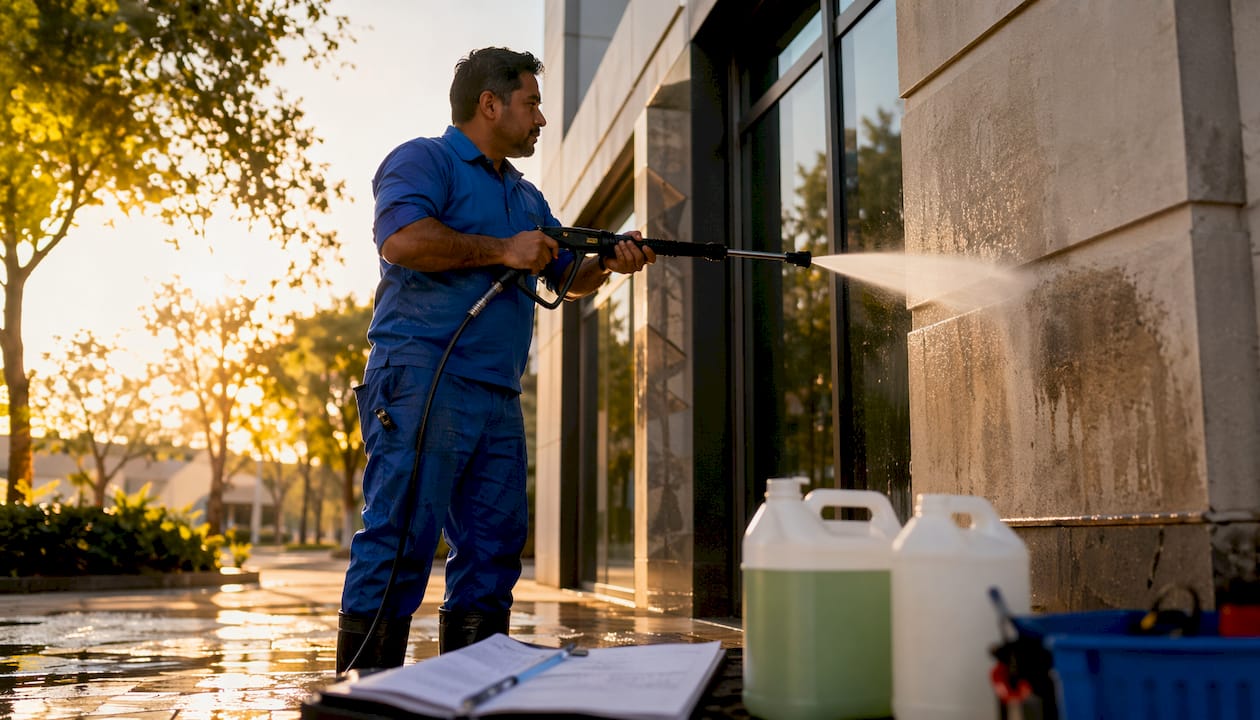 Contractor inspecting commercial building exterior