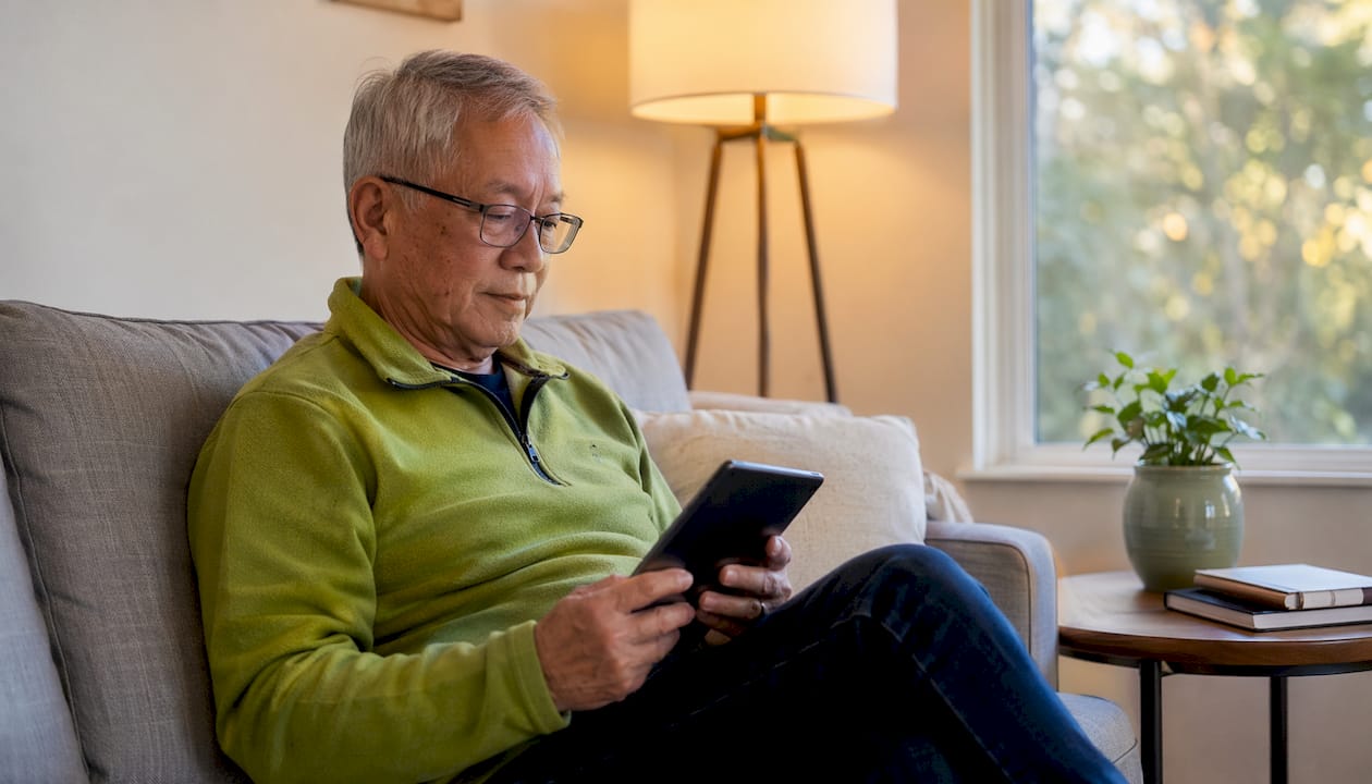 Senior man using desktop computer for telehealth session