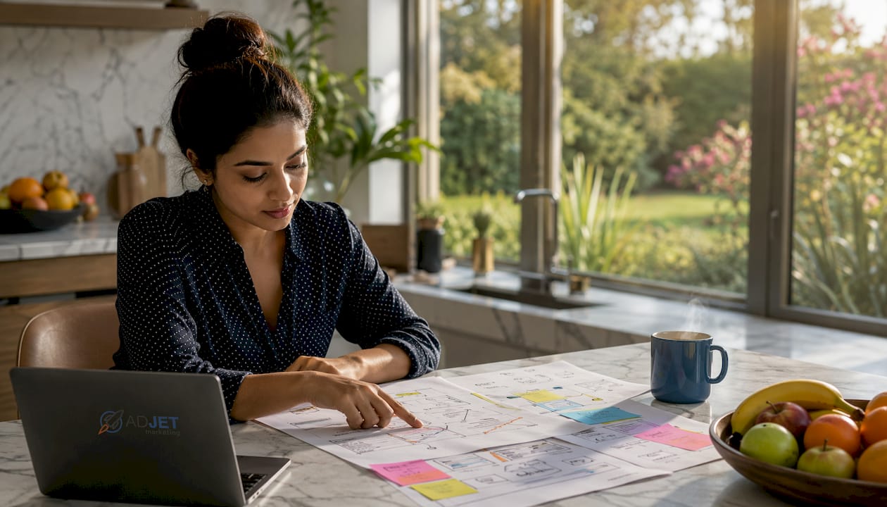 Woman planning conversion strategies on printed notes