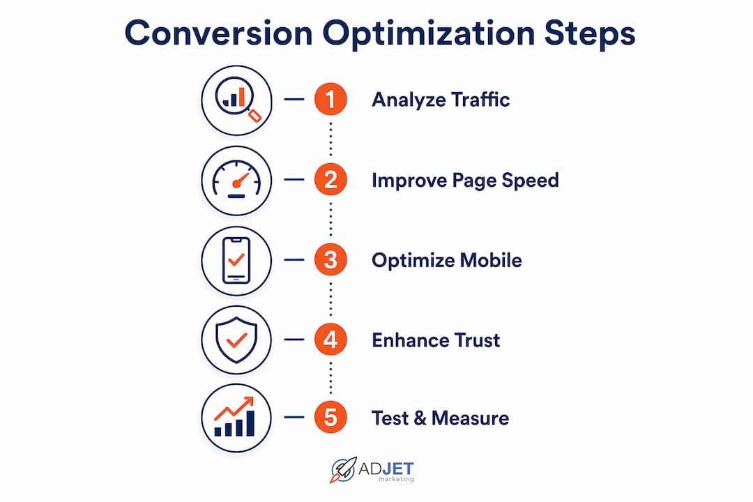 Infographic showing key steps for conversion optimization in real estate websites