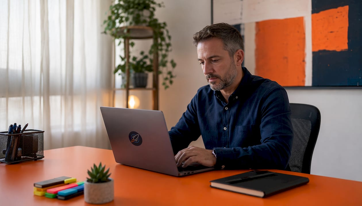 Therapist working on laptop in office setting