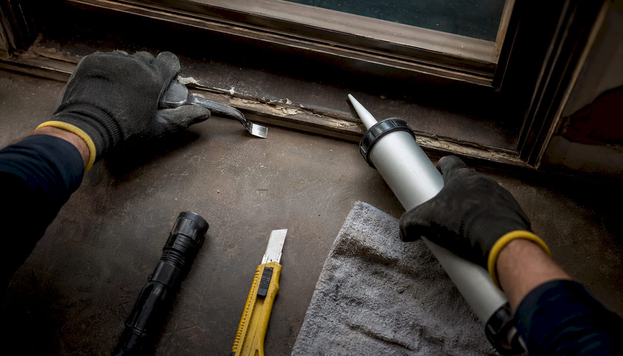 Close-up hands with window sealing repair tools