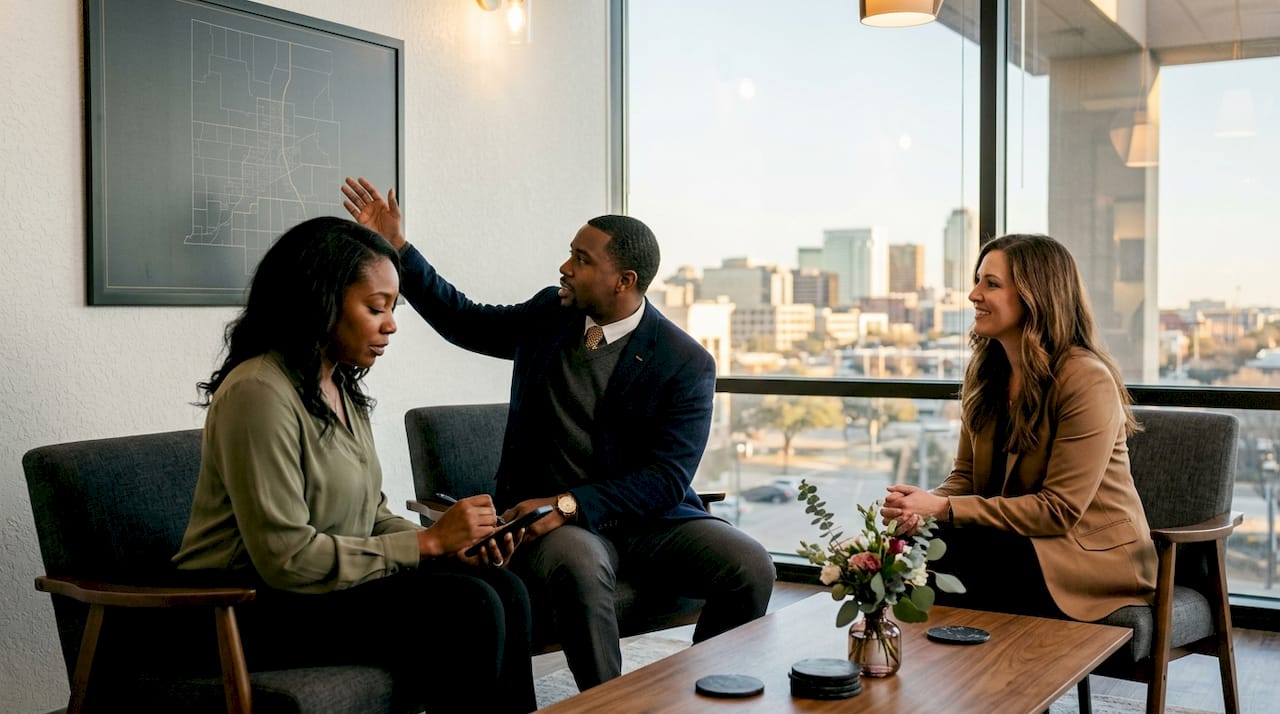 Couple consulting realtor in modern office