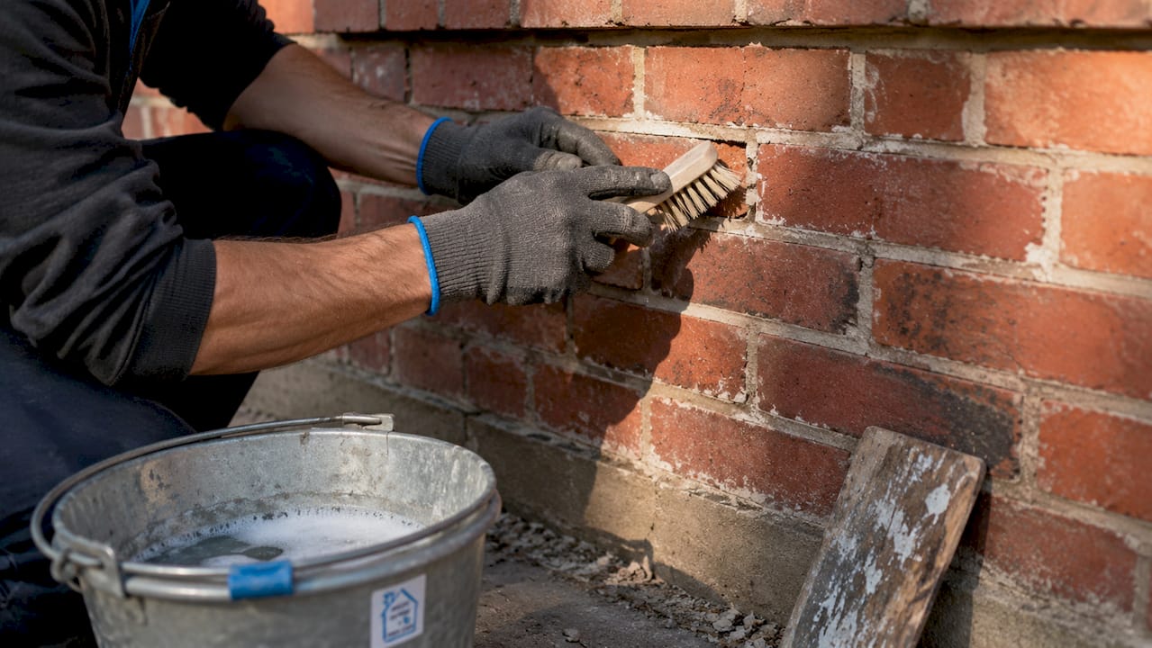 Hands scrubbing brick mortar joints with brush