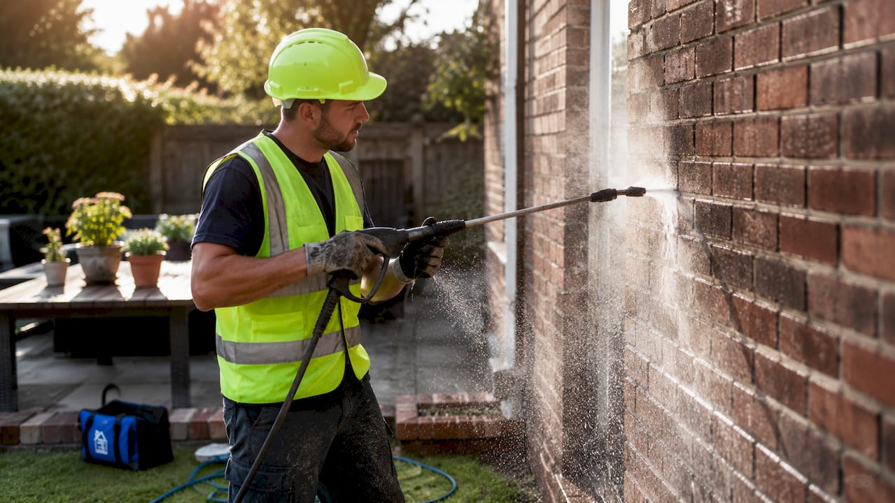 Professional pressure washing brick mortar joints