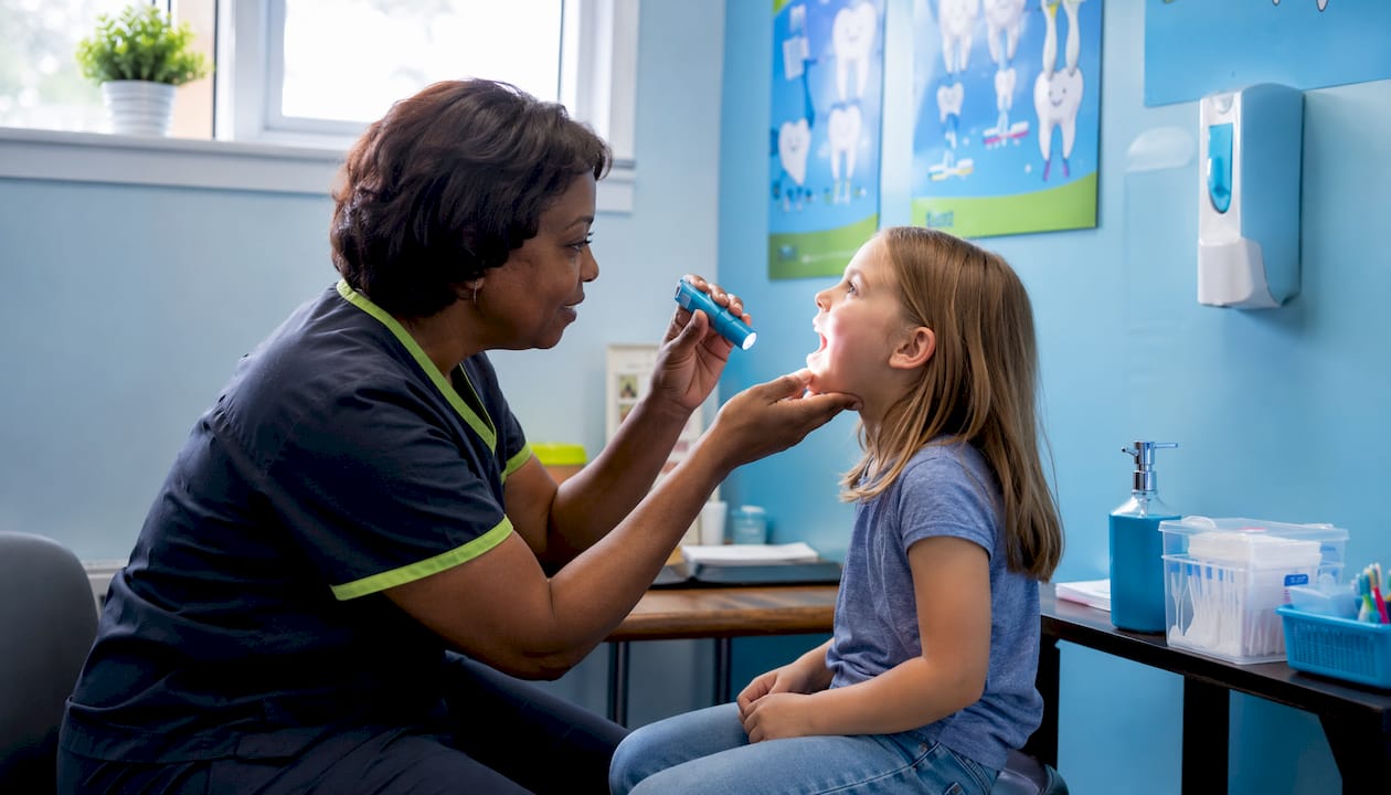 Nurse conducting oral health screening at school