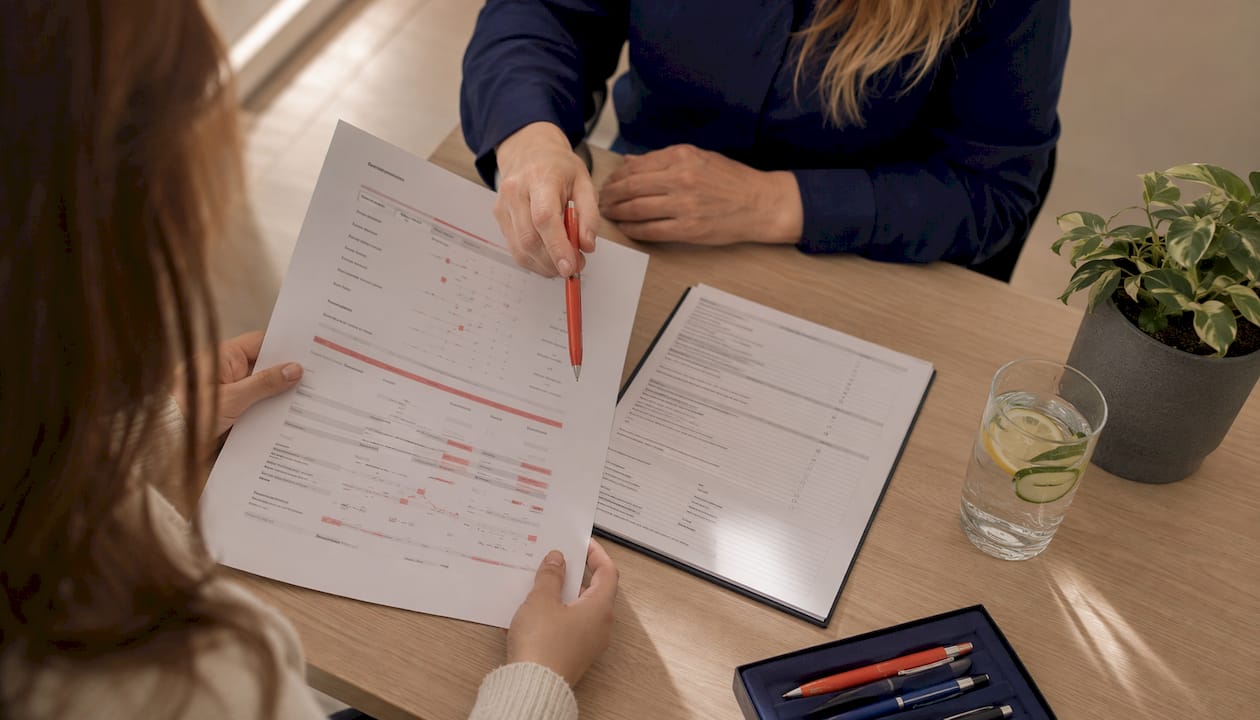 Hands reviewing medical forms and blood test