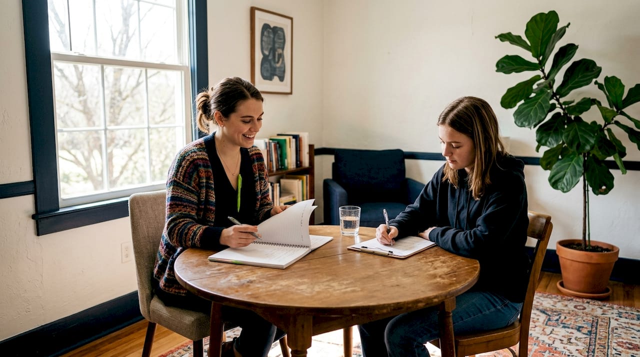 Teen patient doing CBT exercise with therapist
