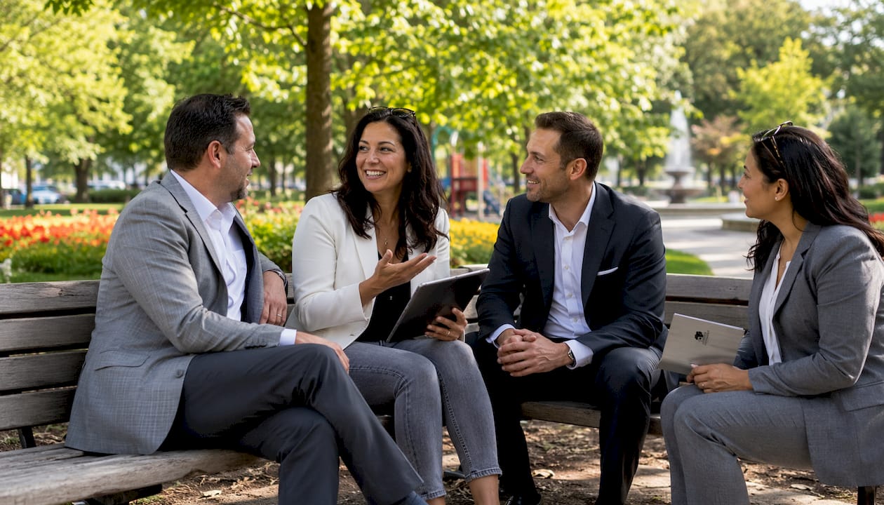 Diverse real estate agents discussing listings outdoors