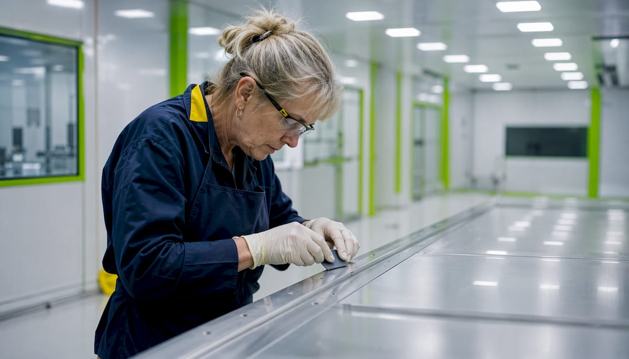 Hands sanding cleanroom joint before caulking