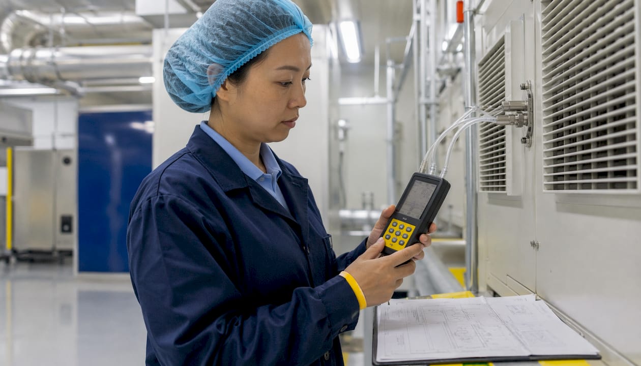 Engineer measuring cleanroom pressure differential
