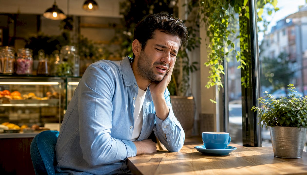 Young man suffering severe toothache at home