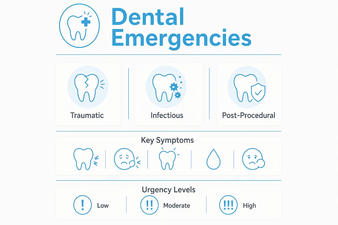 Infographic showing types of dental emergencies and symptoms
