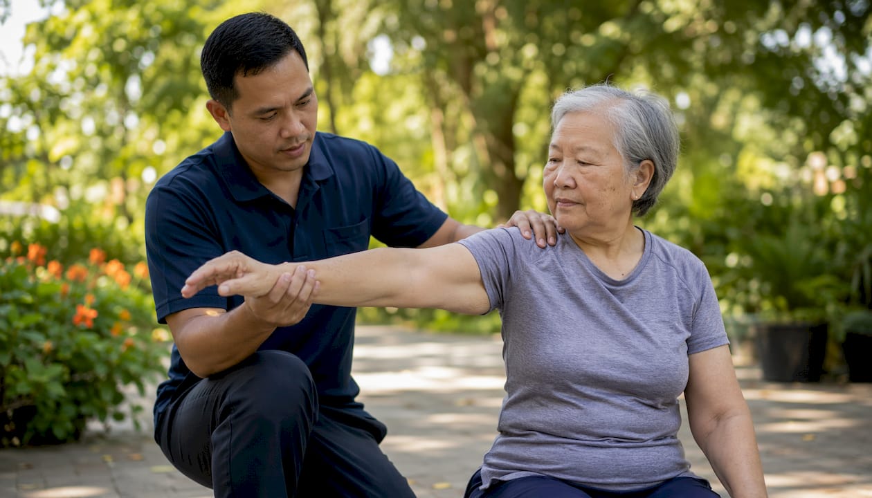 Therapist assisting elderly patient with arm exercise