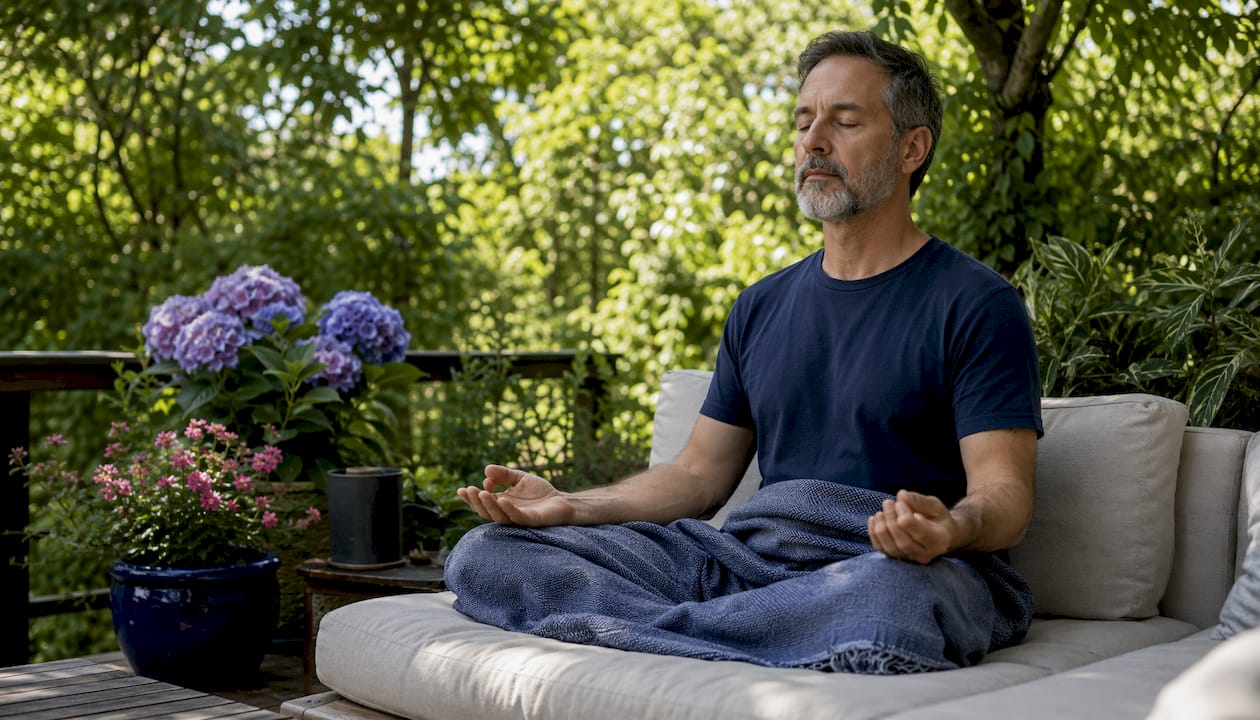 Man practicing mindfulness meditation at home