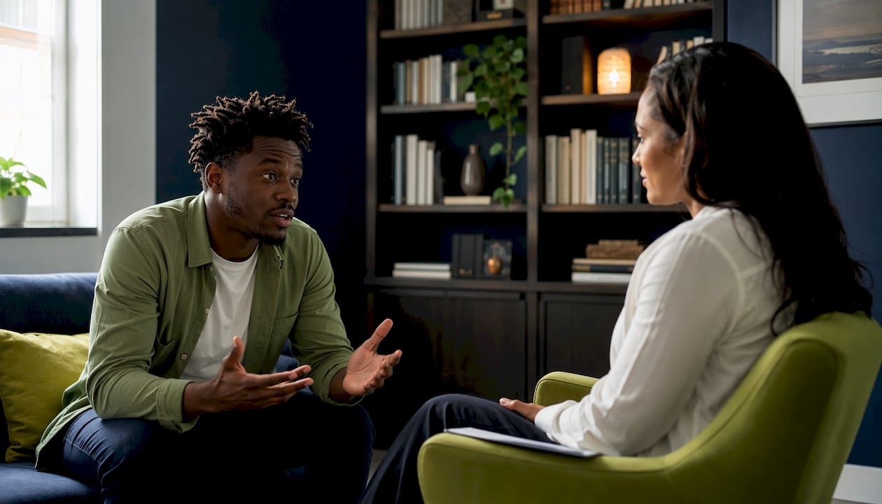 Patient asking psychiatrist questions in clinic