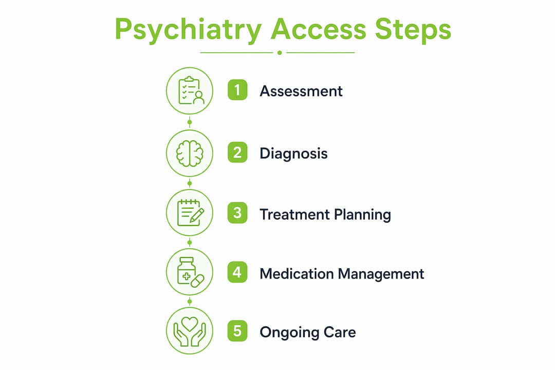 Infographic showing psychiatry access steps in Texas