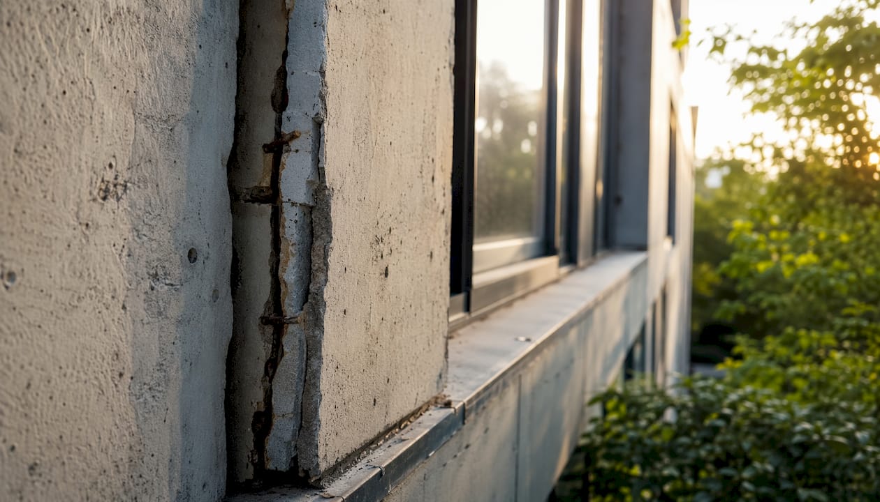Close-up of damaged concrete cladding joint