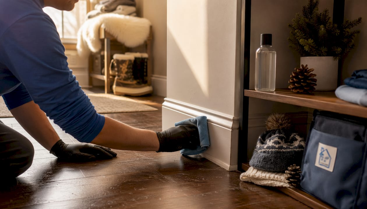 Hands cleaning baseboards with pH-neutral spray