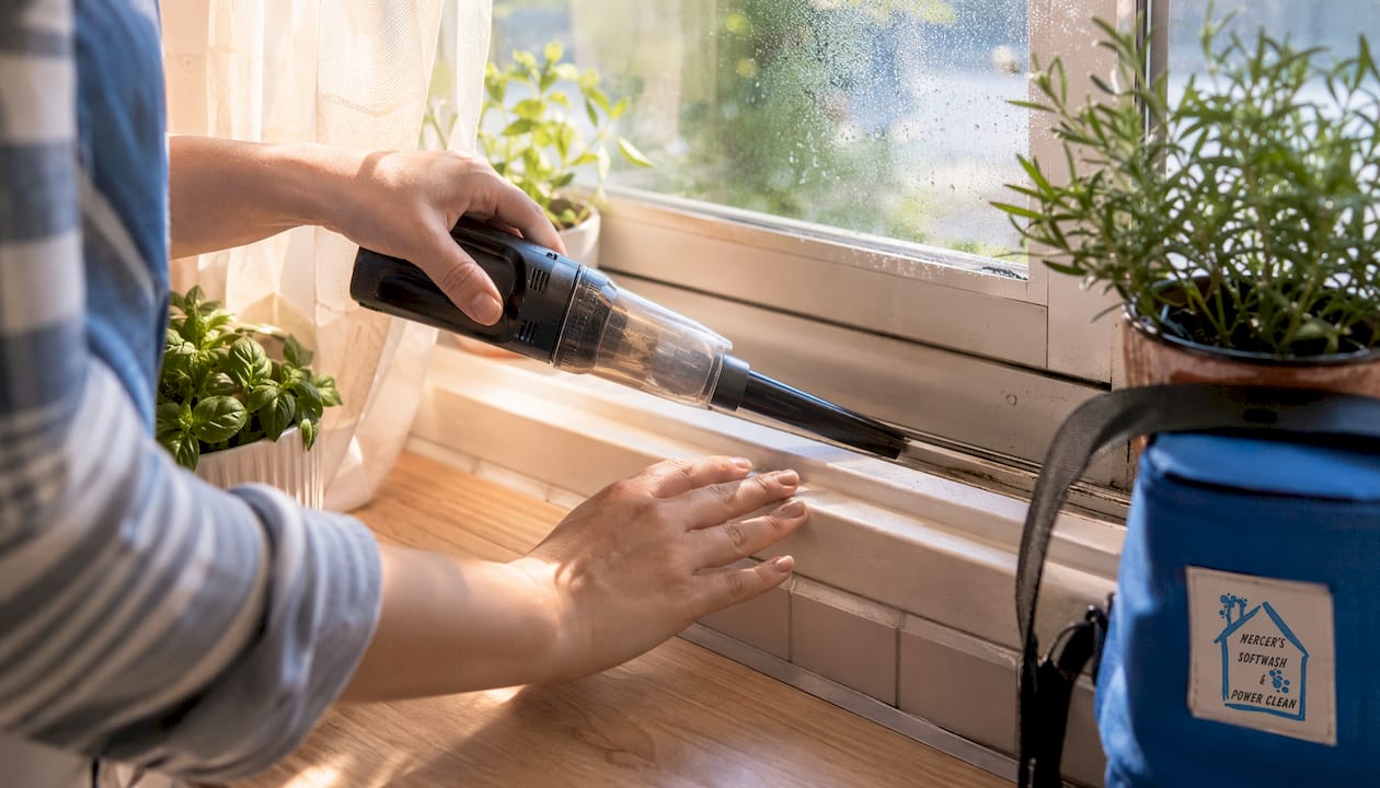 Overhead view of hands vacuuming window tracks