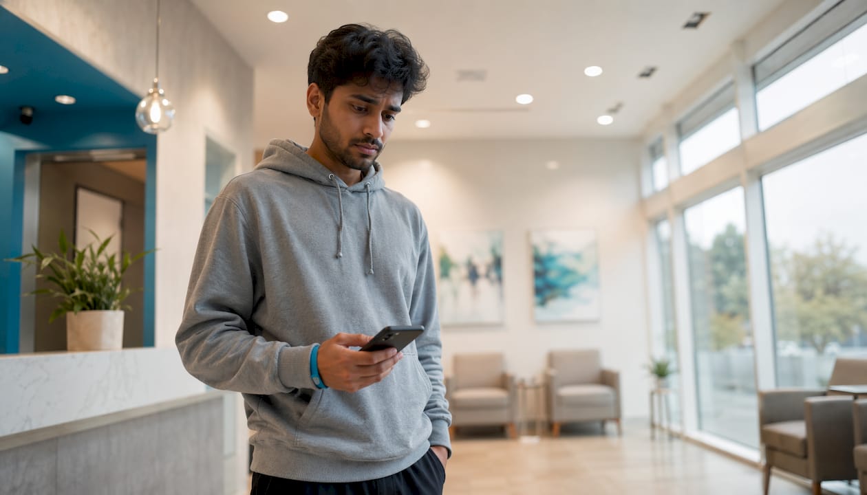 Apprehensive adult male patient in dental waiting room