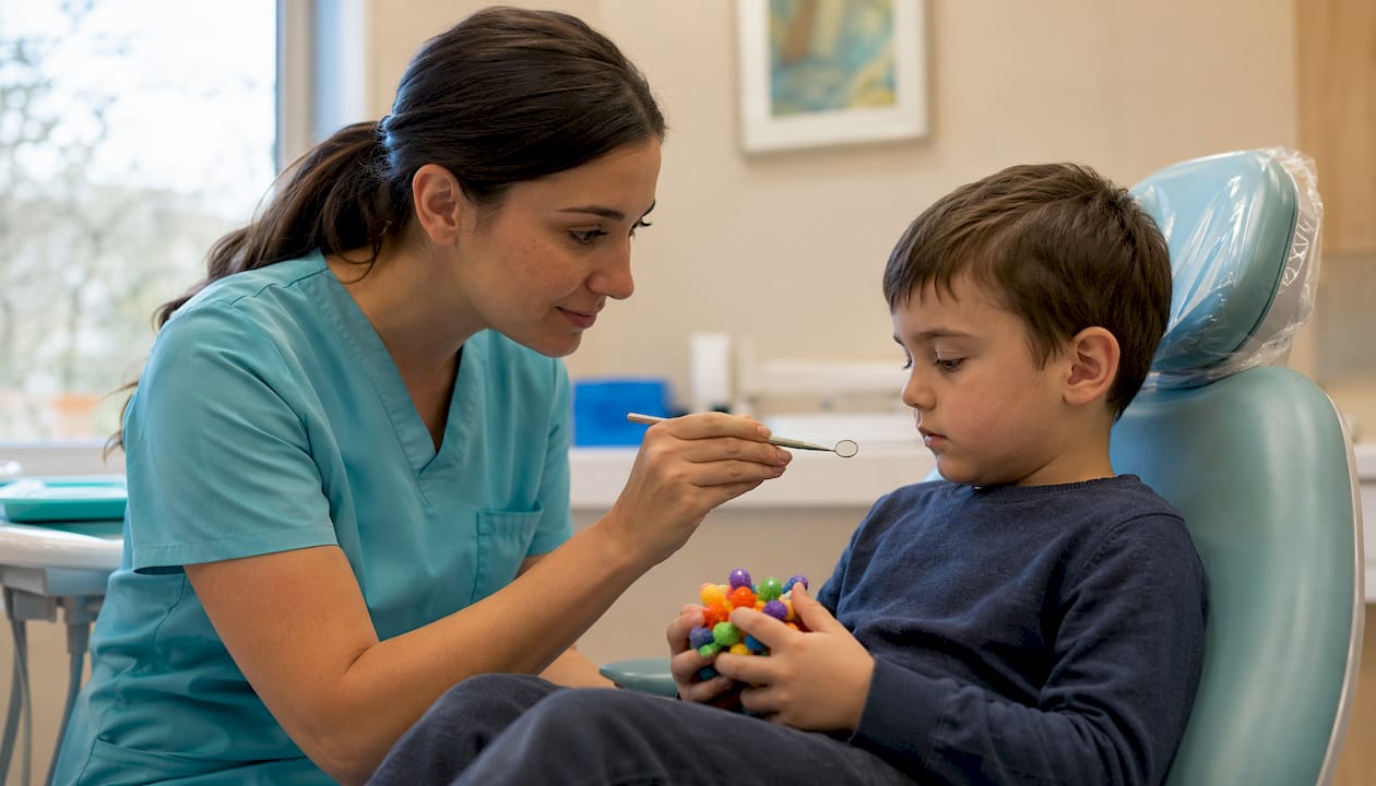 Dentist providing gentle care to boy with special needs
