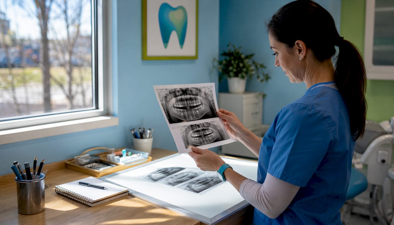 Close-up of dentist hands with dental X-rays