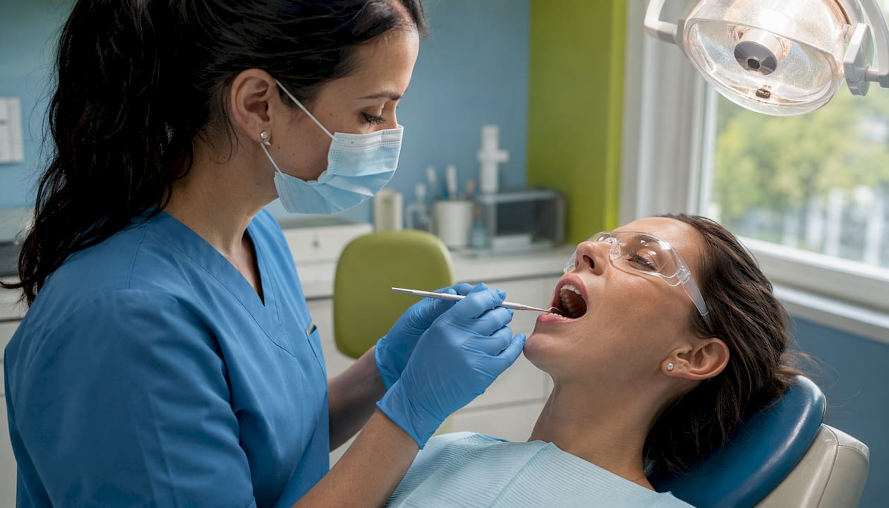 Dentist measuring gum pockets during dental exam