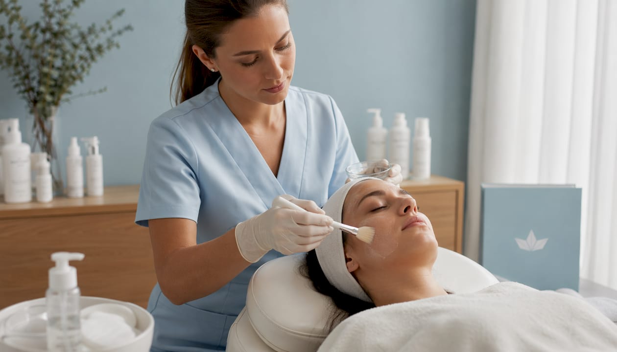 Hands applying chemical peel to patient's face