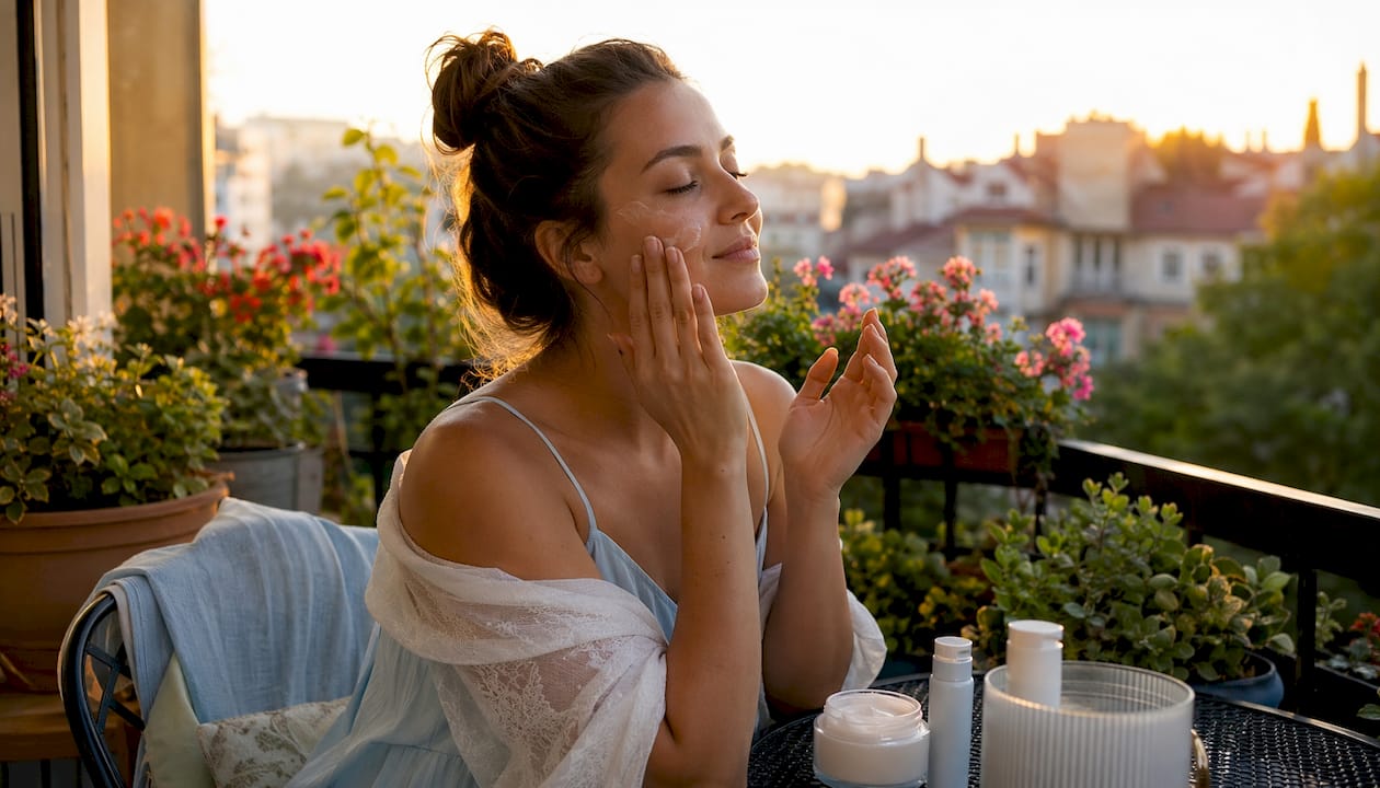 Woman applying sunscreen after chemical peel outdoors