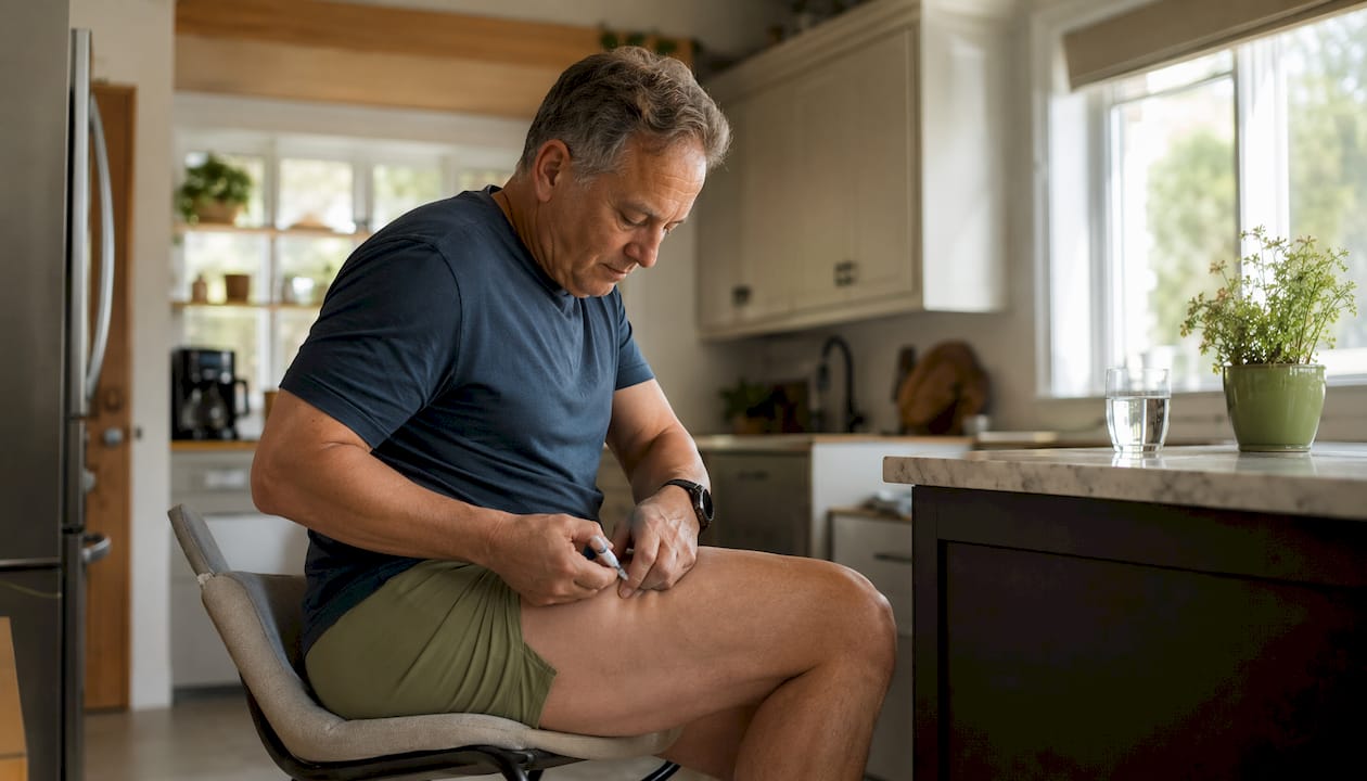 Man self-administering injection at home