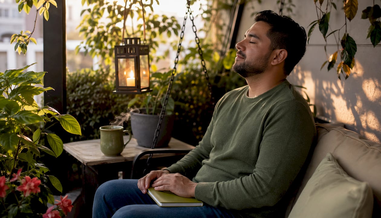 Father practicing stress relief alone at kitchen table