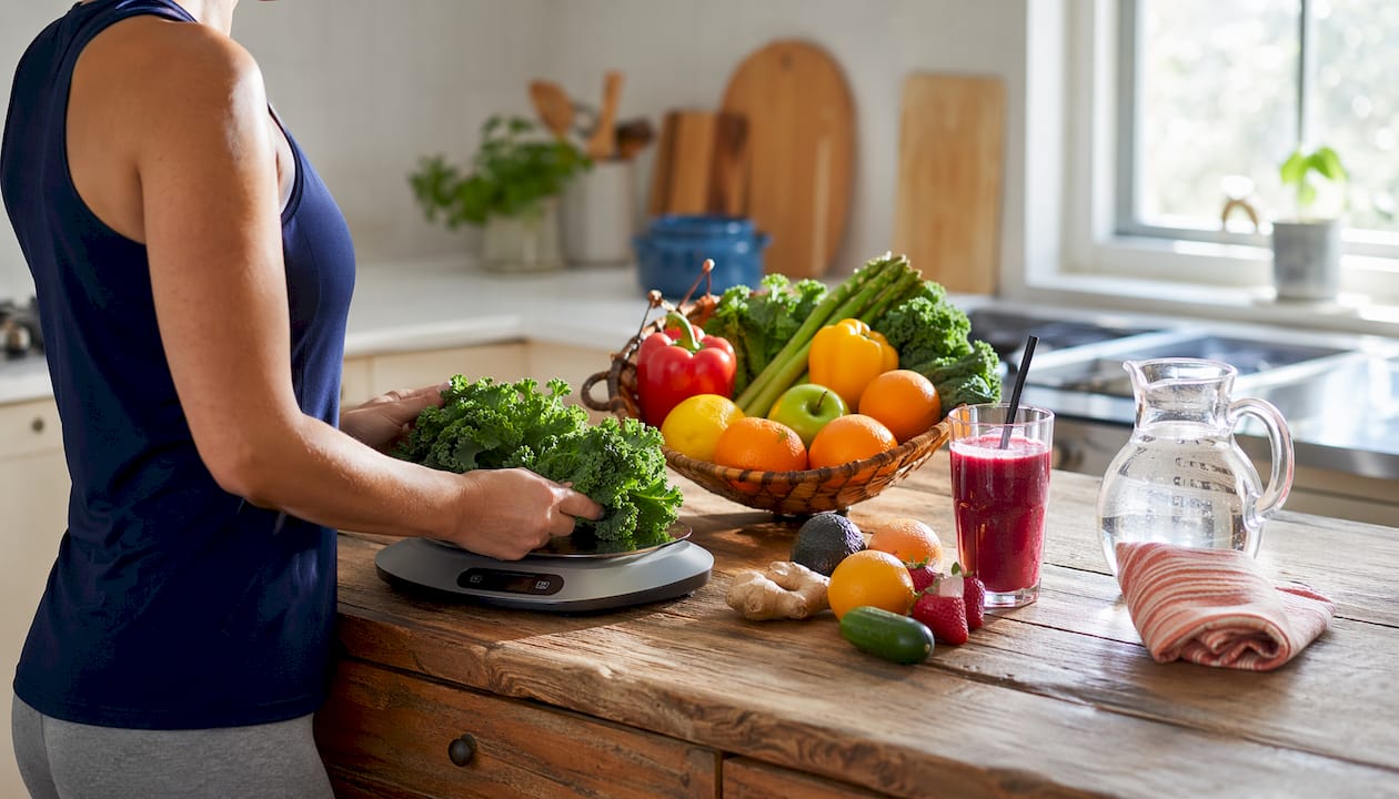 Overhead shot of scale, shoes and vegetables for joint health