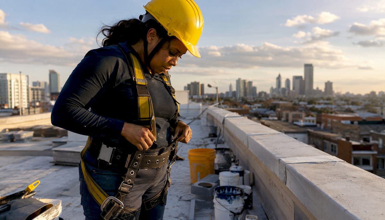 Supervisor fastening safety harness before high work